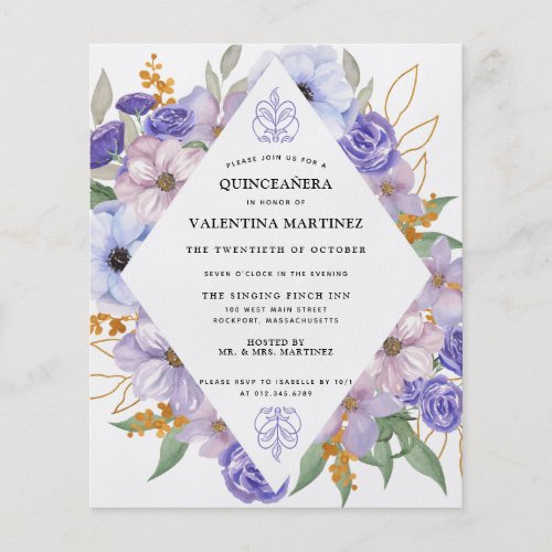 Budget Purple Gold Floral Quinceanera Invitation Flyer