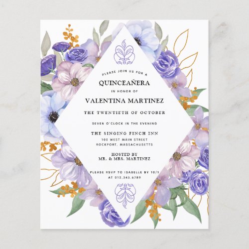 Budget Purple Gold Floral Quinceanera Invitation Flyer