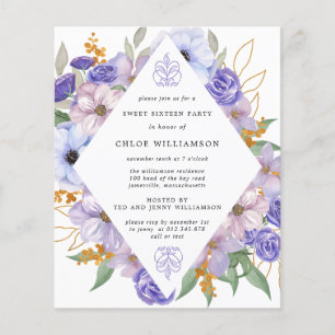 Budget Purple Gold Floral Sweet Sixteen Invitation