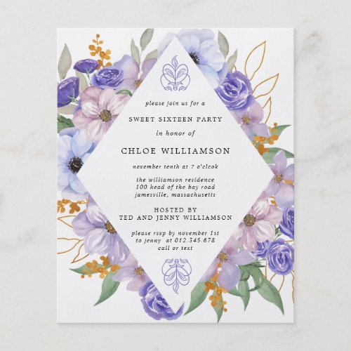 Budget Purple Gold Floral Sweet Sixteen Invitation Flyer