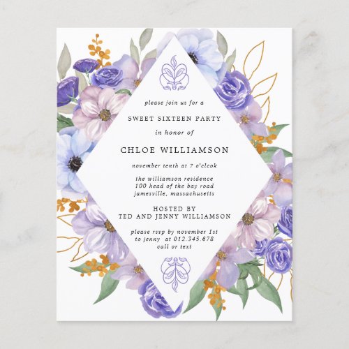 Budget Purple Gold Floral Sweet Sixteen Invitation Flyer