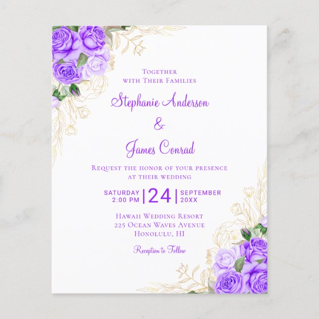 Budget Purple Gold Floral Wedding Invitation (Front)