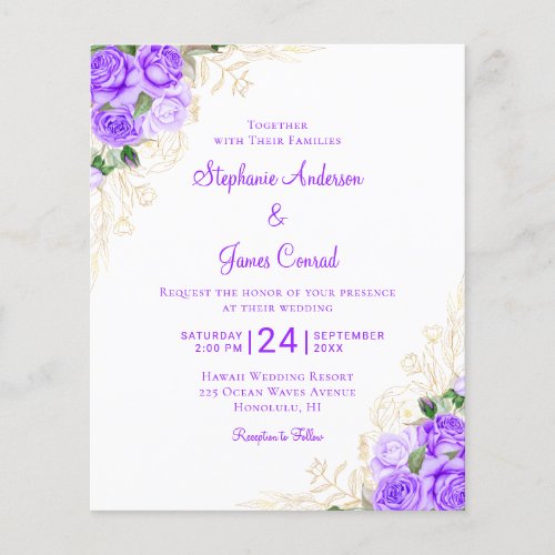 Budget Purple Gold Floral Wedding Invitation