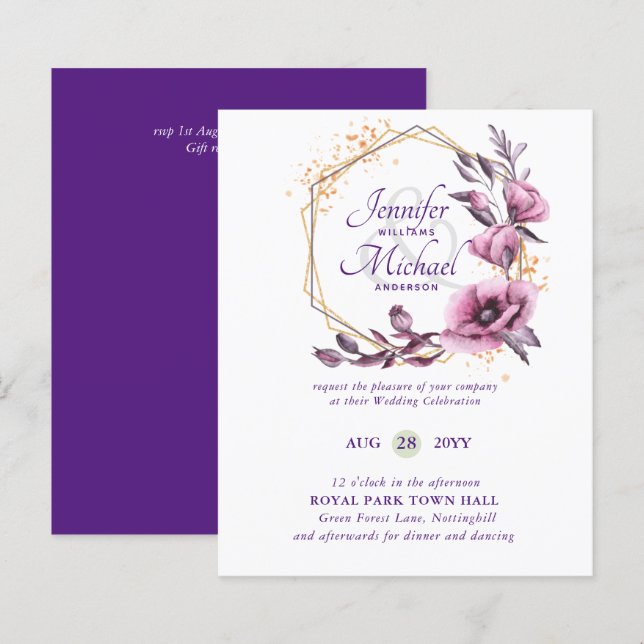 BUDGET Purple Gold Floral Wedding Invitations (Front/Back)
