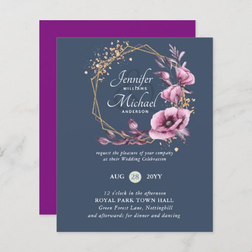 BUDGET Purple Gold Floral Wedding Invitations