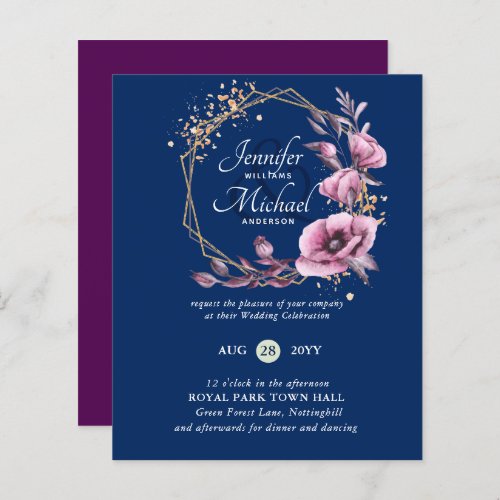 BUDGET Purple Gold Floral Wedding Invitations