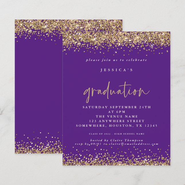 Budget Purple Gold Glitter 2024 Graduation Invite (Front/Back)