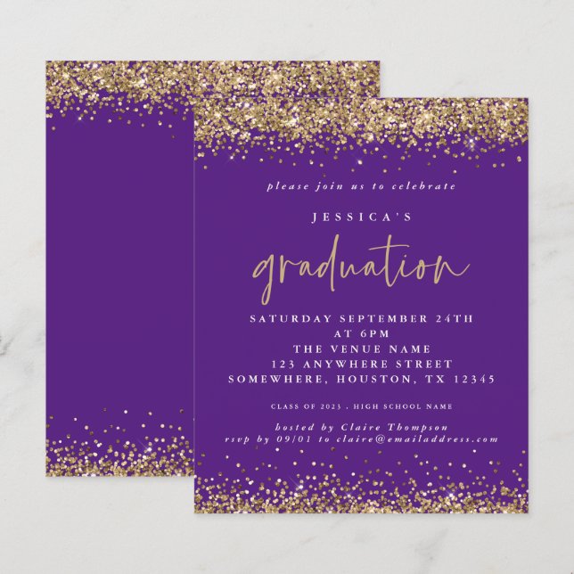 Budget Purple Gold Glitter 2024 Graduation Invite (Front/Back)