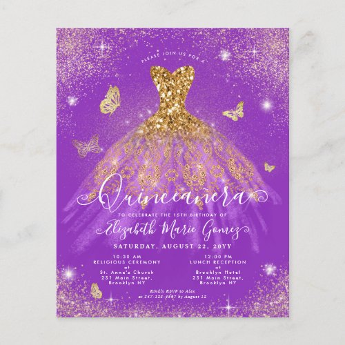 Budget Purple Gold Glitter Gown Quinceanera Invite