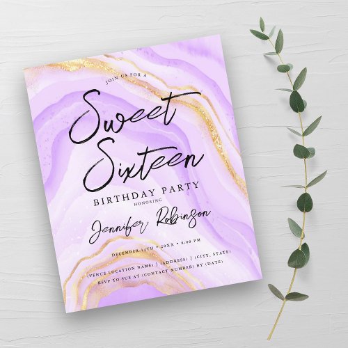 Budget Purple Gold Glitter Marble Sweet 16 Invite 