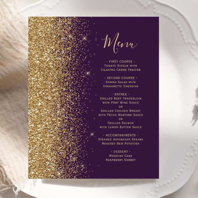 Budget Purple Gold Glitter Wedding Menu (Creator Uploaded)
