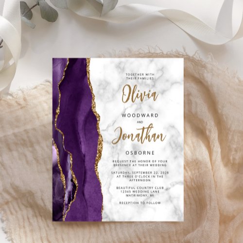 Budget Purple Gold Marble Agate Wedding Invite