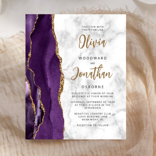 Budget Purple Gold Marble Agate Wedding Invite