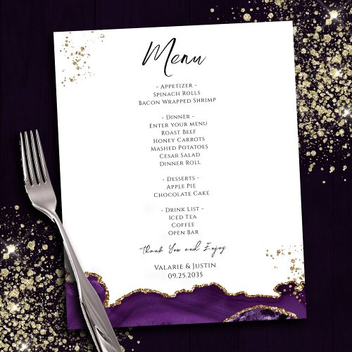 Budget Purple Gold Marble Wedding Menu Flyer