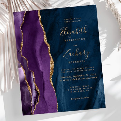 Budget Purple Gold Navy Blue Agate Wedding Invite