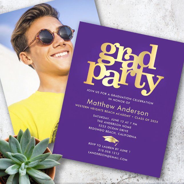 Budget Purple Gold Photo Grad Party Minimal Invite (Creator Uploaded)