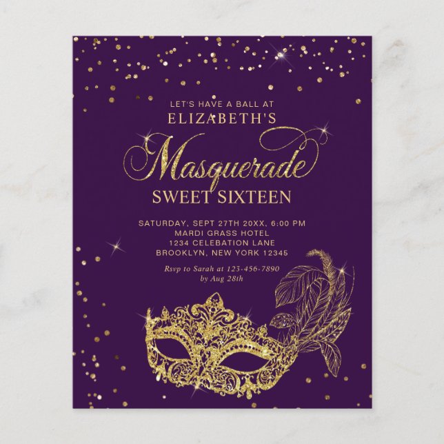 BUDGET Purple Gold Photo Masquerade Sweet 16 (Front)