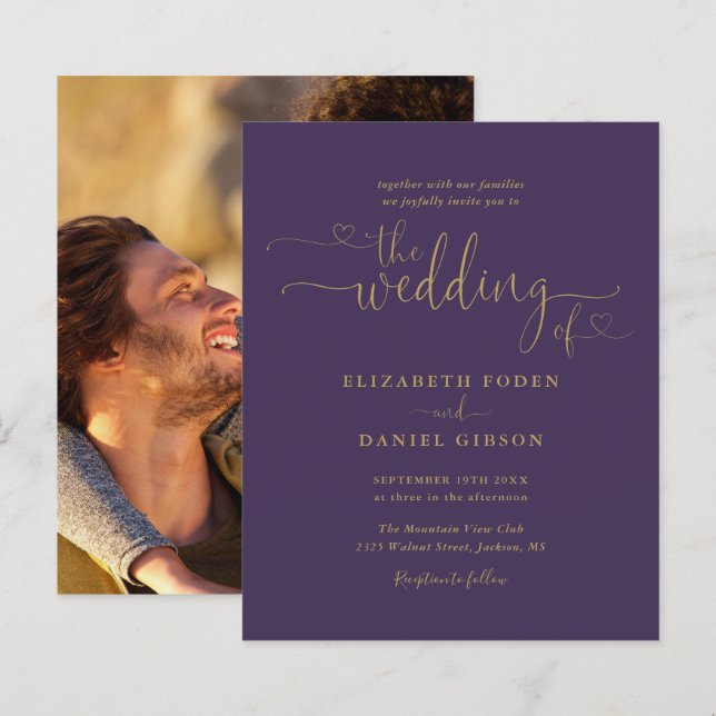 Budget Purple Gold Script Photo Wedding Invite (Front/Back)