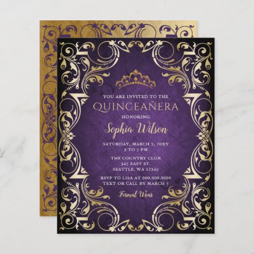 Budget Purple Gold Tiara Quinceaera Invitation