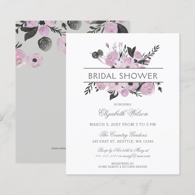 Budget Purple Gray Floral Bridal Shower Invitation (Front/Back)
