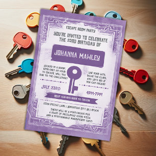 BUDGET Purple Grunge Escape Room Key Party Invitation