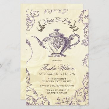 Budget Purple Ivory Vintage Bridal Tea Invitation