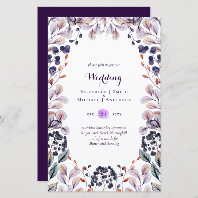 BUDGET Purple Lavender Leaves Wedding Invites A9 (Front/Back)