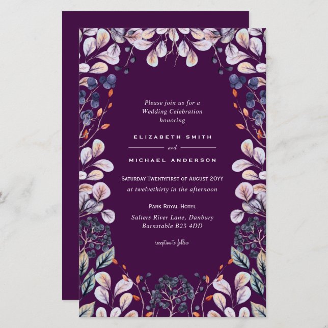 BUDGET Purple Lavender Leaves Wedding Invites A9 (Front/Back)