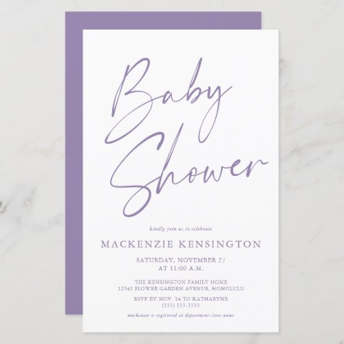 Budget Purple Lavender Simple Script Baby Shower