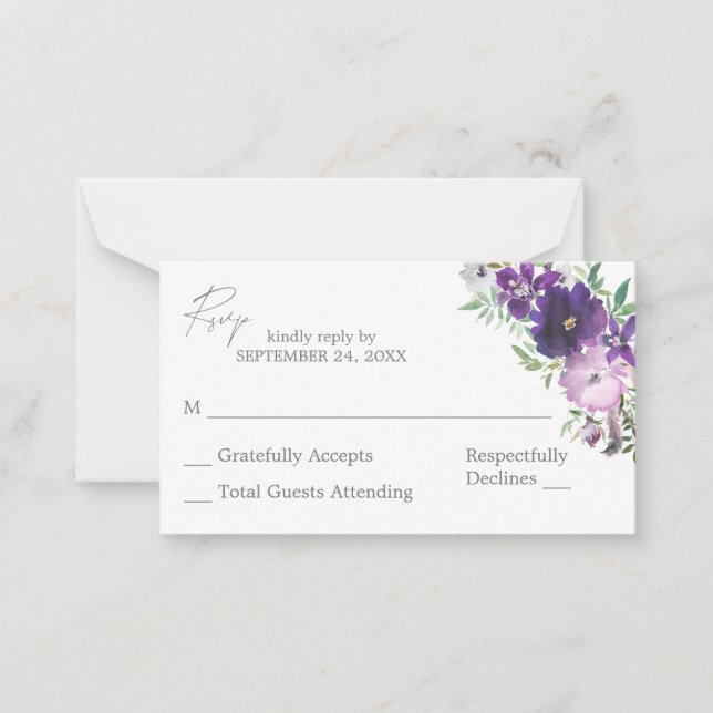 Budget Purple Light & Dark Floral 2SM No Meal RSVP Note Card (Front)