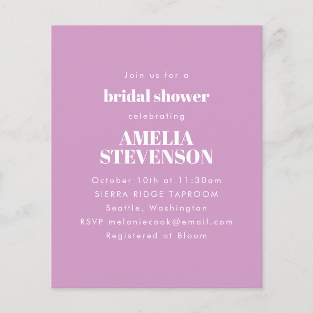 Budget Purple Minimalist Bridal Shower Invitation  (Front)