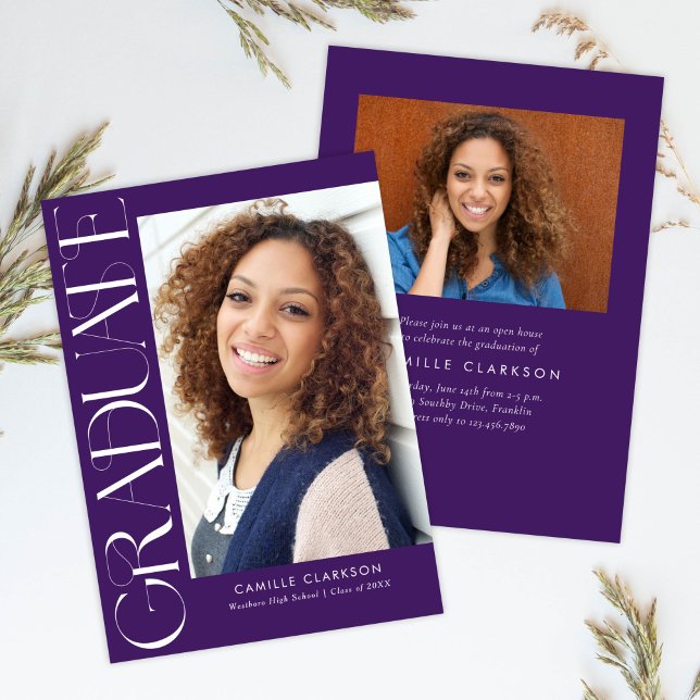 Budget Purple Modern Vertical Two Photo Graduation Invitation (Creator Uploaded)