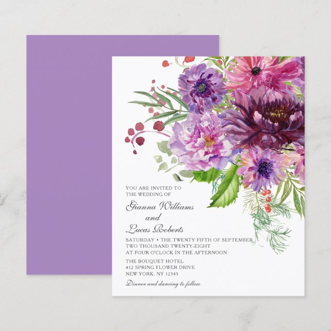 Budget Purple Monochrome Watercolor Floral Wedding (Front/Back)