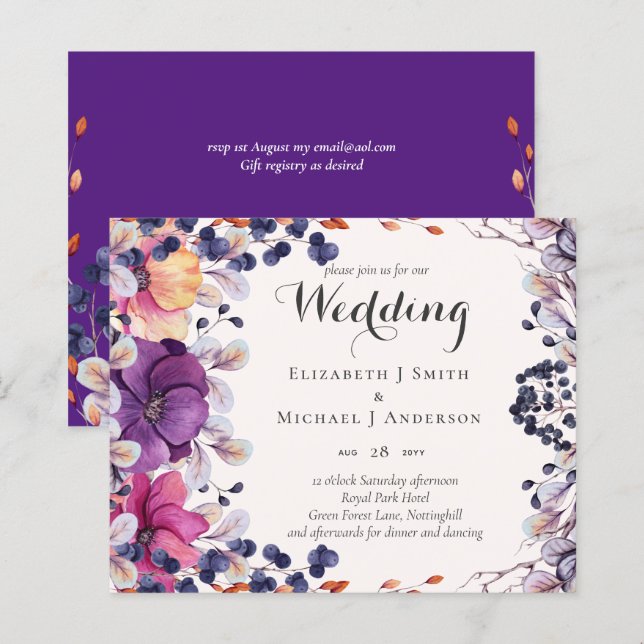 BUDGET Purple Orange Dusk Till Dawn Wedding INVITE (Front/Back)
