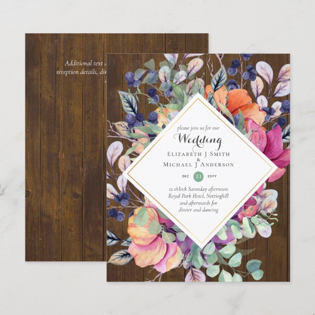 BUDGET Purple Orange Floral Wedding Invitations (Front/Back)