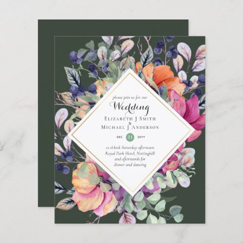 BUDGET Purple Orange Floral Wedding Invitations