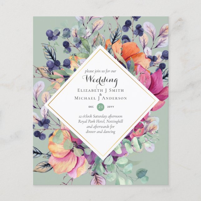 BUDGET Purple Orange Floral Wedding Invitations Flyer (Front)