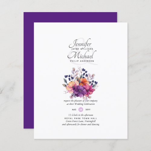BUDGET Purple Orange Floral Wedding Invite