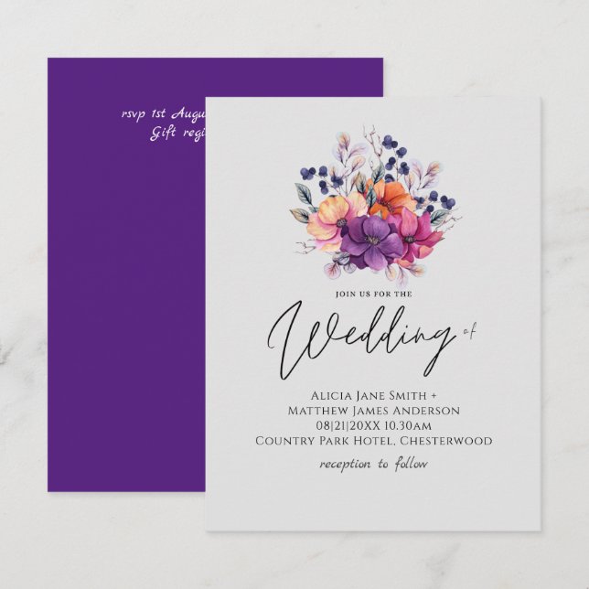 BUDGET Purple Orange Floral Wedding Invite (Front/Back)