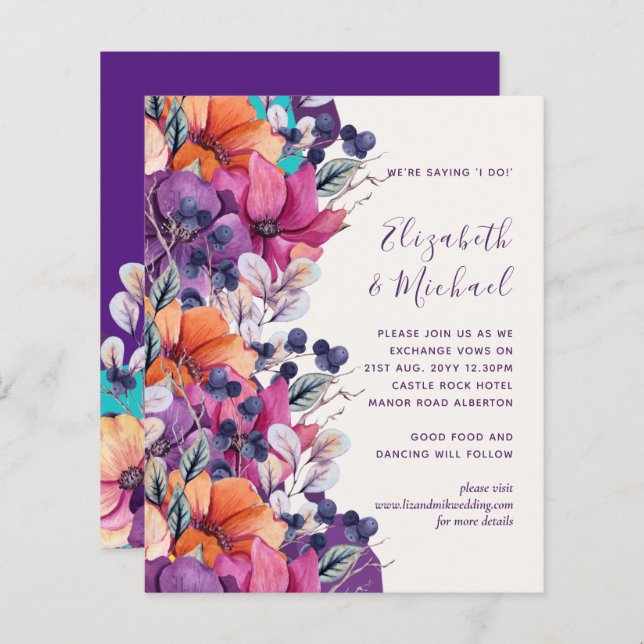 BUDGET Purple Orange Floral Wedding Invite (Front/Back)