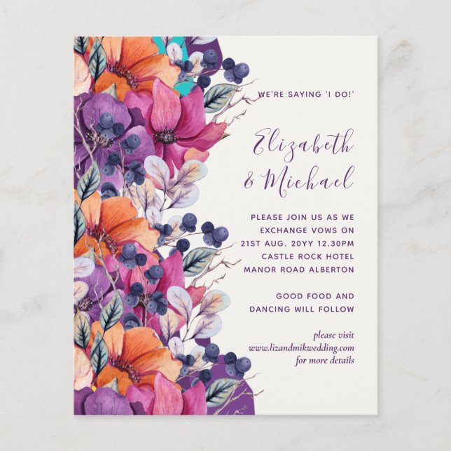 BUDGET Purple Orange Floral Wedding Invite Flyer (Front)