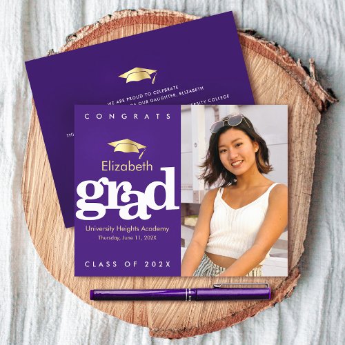 Budget Purple Photo Graduation Gold Cap Invitation