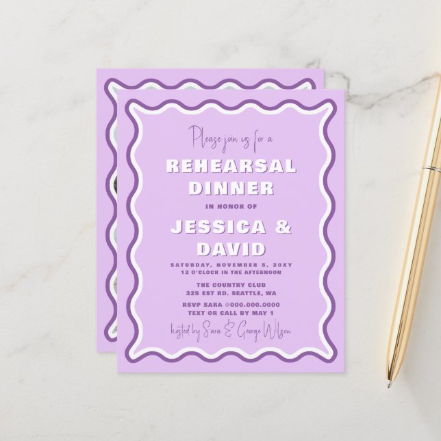 Budget Purple Photo Rehearsal Dinner Invitation (Front/Back In Situ)