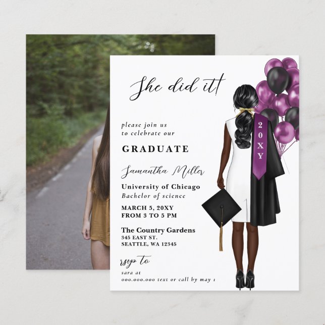 Budget Purple Photo She Did It Graduation Invite (Front/Back)
