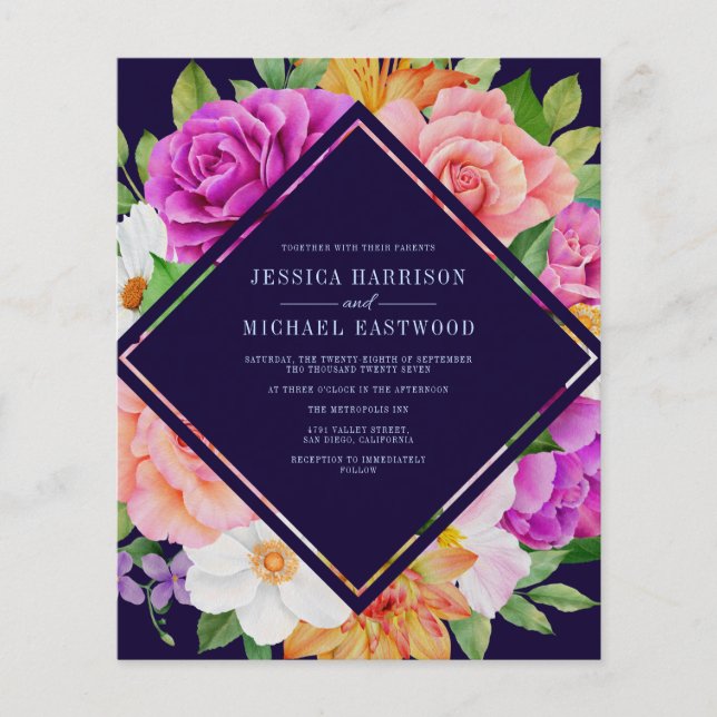 Budget Purple Pink Floral Bold Wedding Invitation (Front)