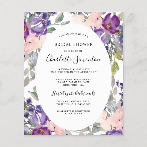 Budget Purple Pink Floral Bridal Shower Invitation