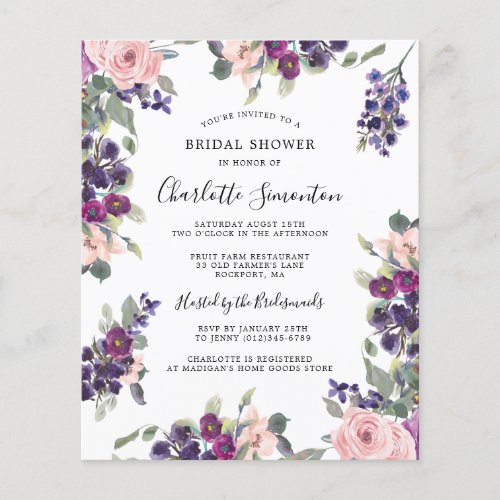 Budget Purple Pink Floral Bridal Shower Invitation