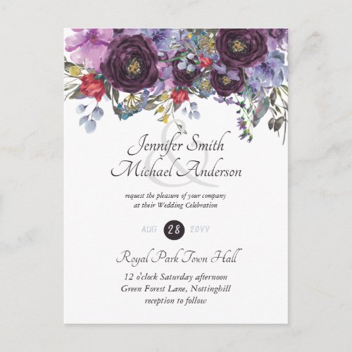 Budget Purple Plum Pink Floral Wedding Invitation Postcard