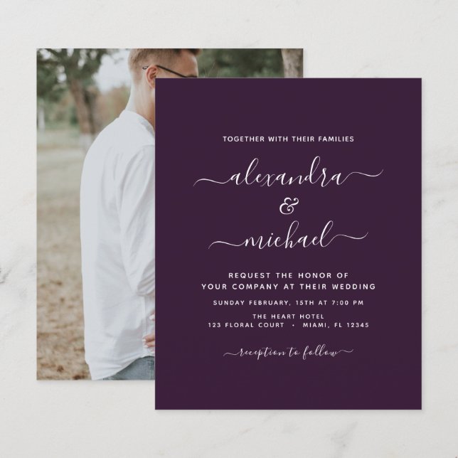 Budget Purple Plum Wedding with Photo Invitation (Front/Back)