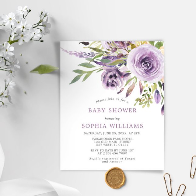 Budget Purple Rose Floral Baby Shower Invitation (Creator Uploaded)